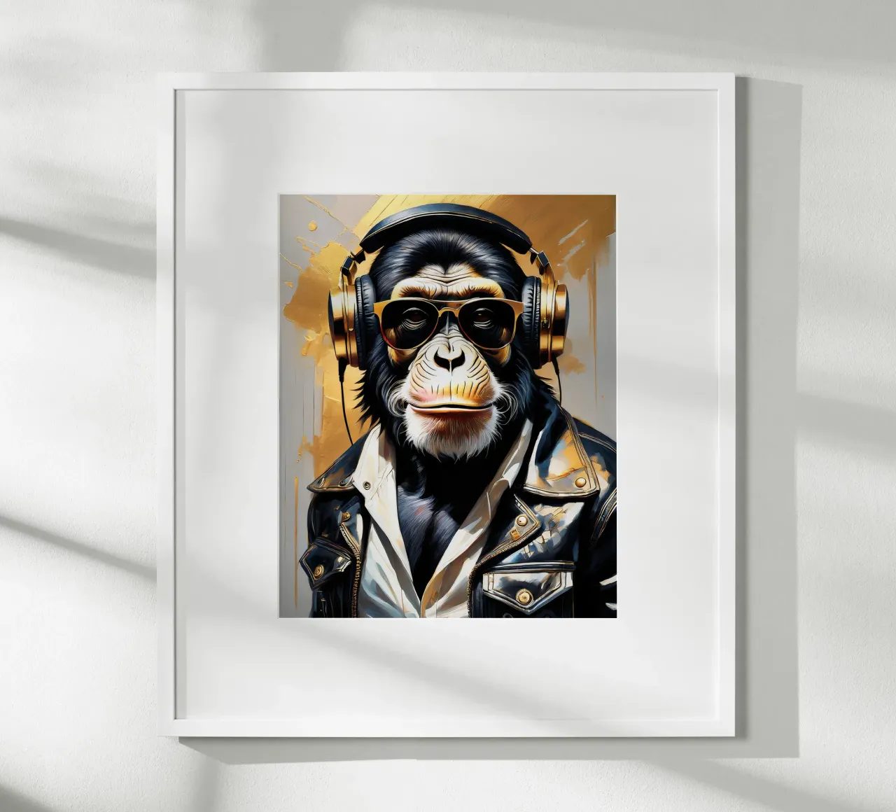 Scimmia scimpanzé con cuffie in stile rock in oro nero carta hahnemühle da Take Your Art BV
