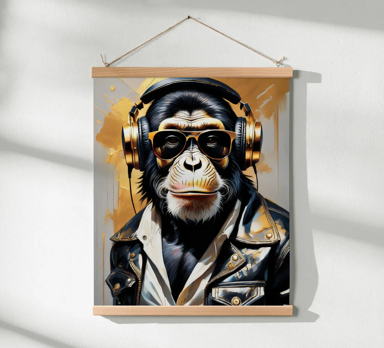 Scimmia scimpanzé con cuffie in stile rock in oro nero carta hahnemühle da Take Your Art BV