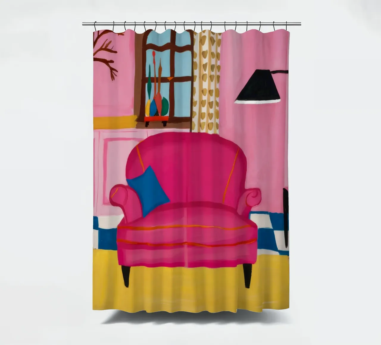 Divano rosa Pavimento a scacchi tenda da doccia da Pan Denim