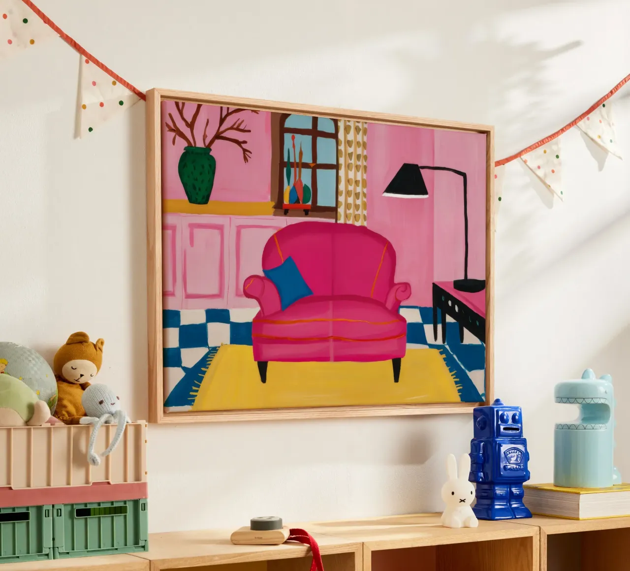 Divano rosa Pavimento a scacchi tela con Cornice a cassetta da Pan Denim