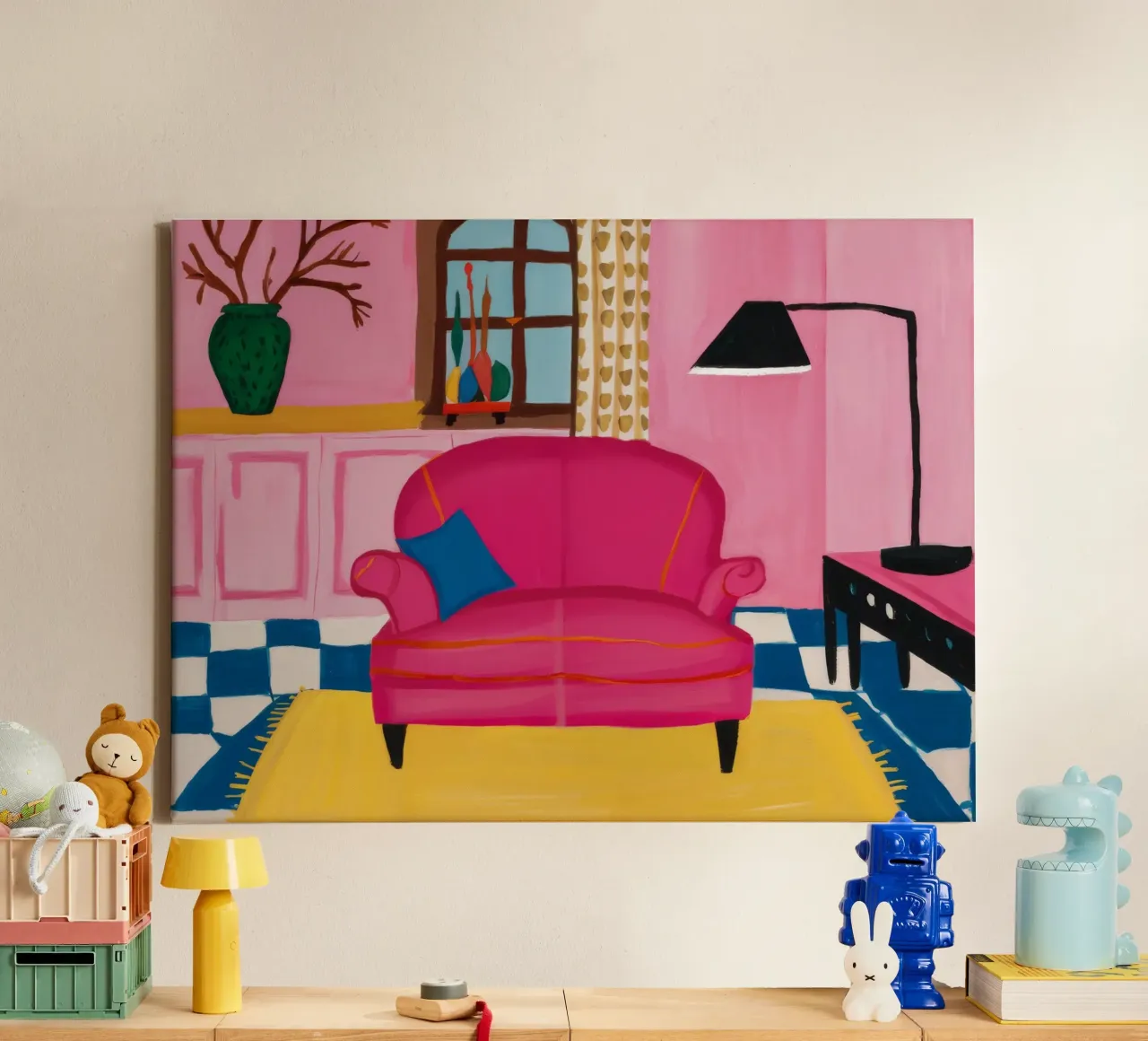 Divano rosa Pavimento a scacchi tela con Cornice a cassetta da Pan Denim