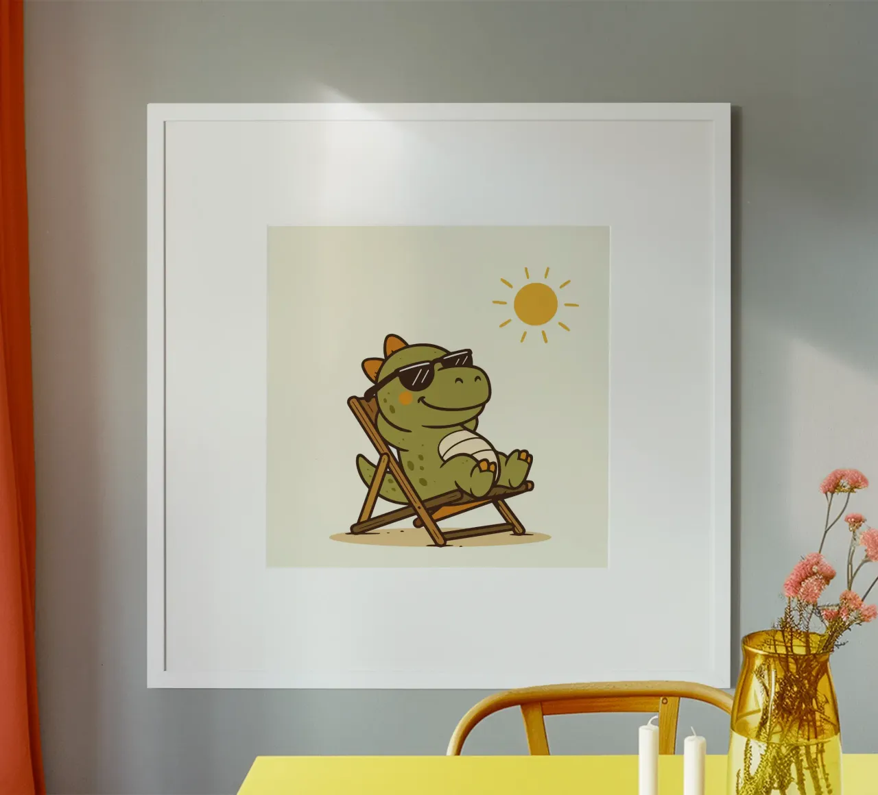 Dinosauro rilassato con occhiali da sole che si gode il sole poster con telaio in plastica da namosh