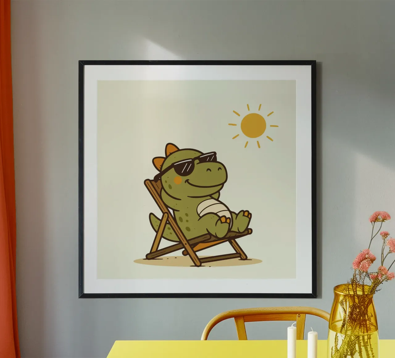 Dinosauro rilassato con occhiali da sole che si gode il sole poster con telaio in plastica da namosh