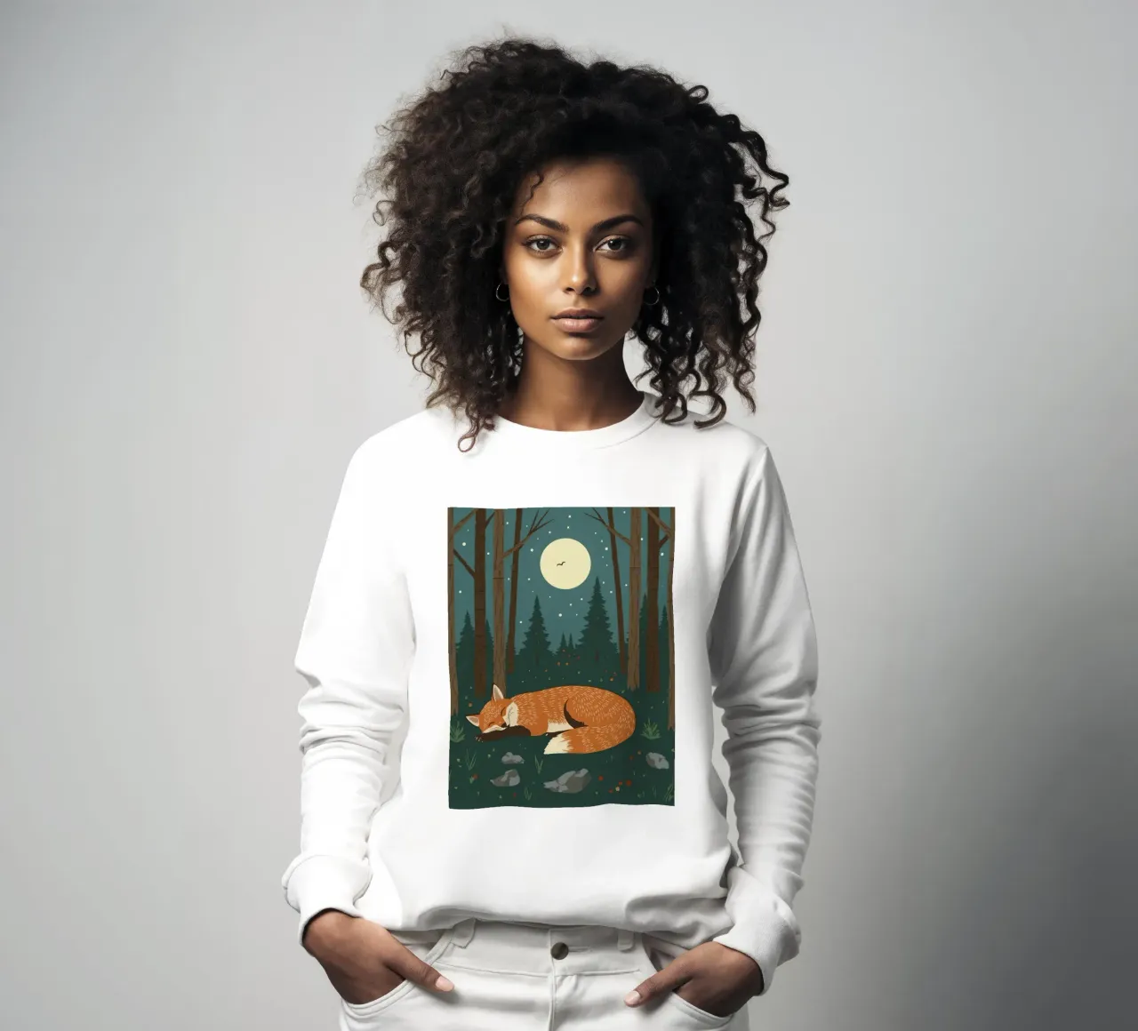 Volpe che dorme profondamente sotto una grande luna con uccello in volo felpa da DesignDoodle