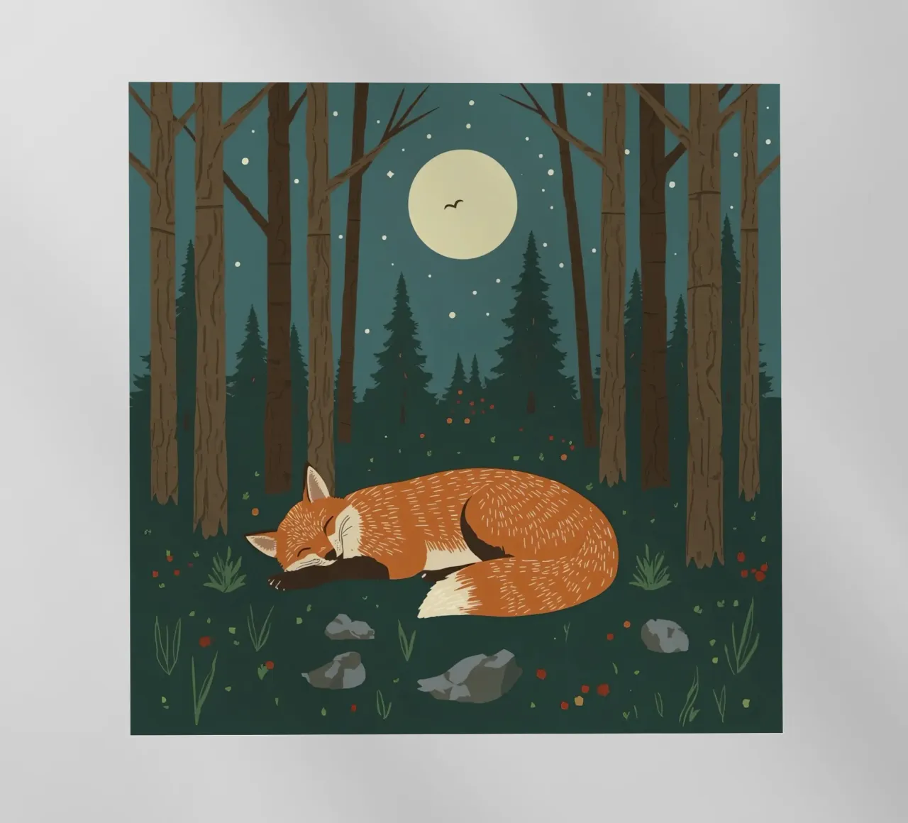 Volpe che dorme profondamente sotto una grande luna con uccello in volo pellicola backlit da DesignDoodle