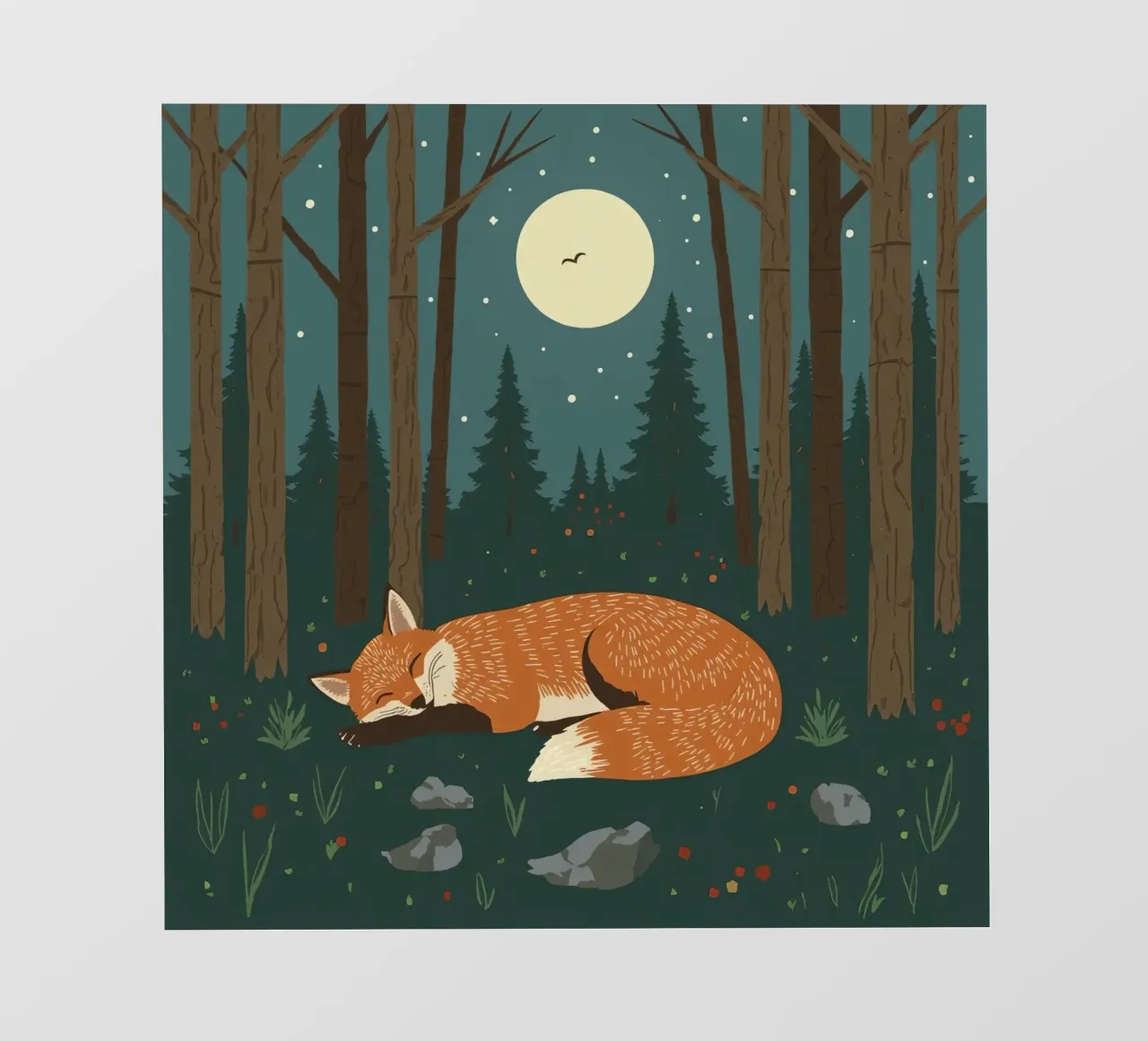 Volpe che dorme profondamente sotto una grande luna con uccello in volo pellicola backlit da DesignDoodle