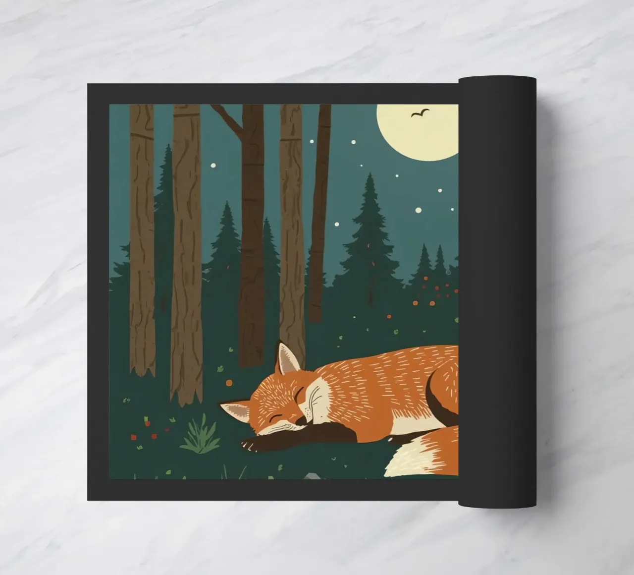 Volpe che dorme profondamente sotto una grande luna con uccello in volo zerbino da DesignDoodle