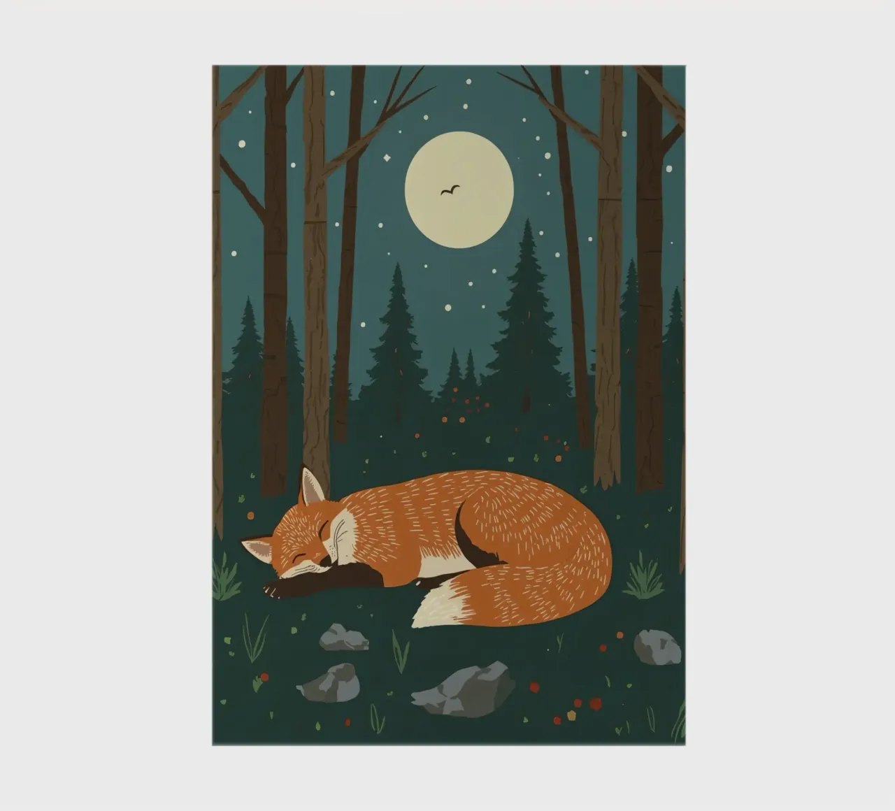 Fox is sleeping soundly under a large moon with bird flying notebook by DesignDoodle