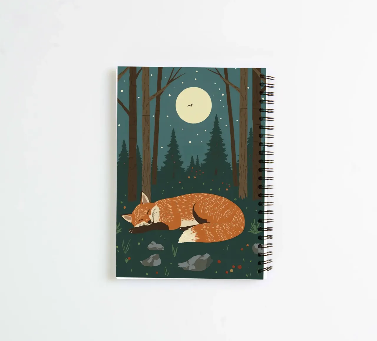 Fox is sleeping soundly under a large moon with bird flying spiral notebook by DesignDoodle