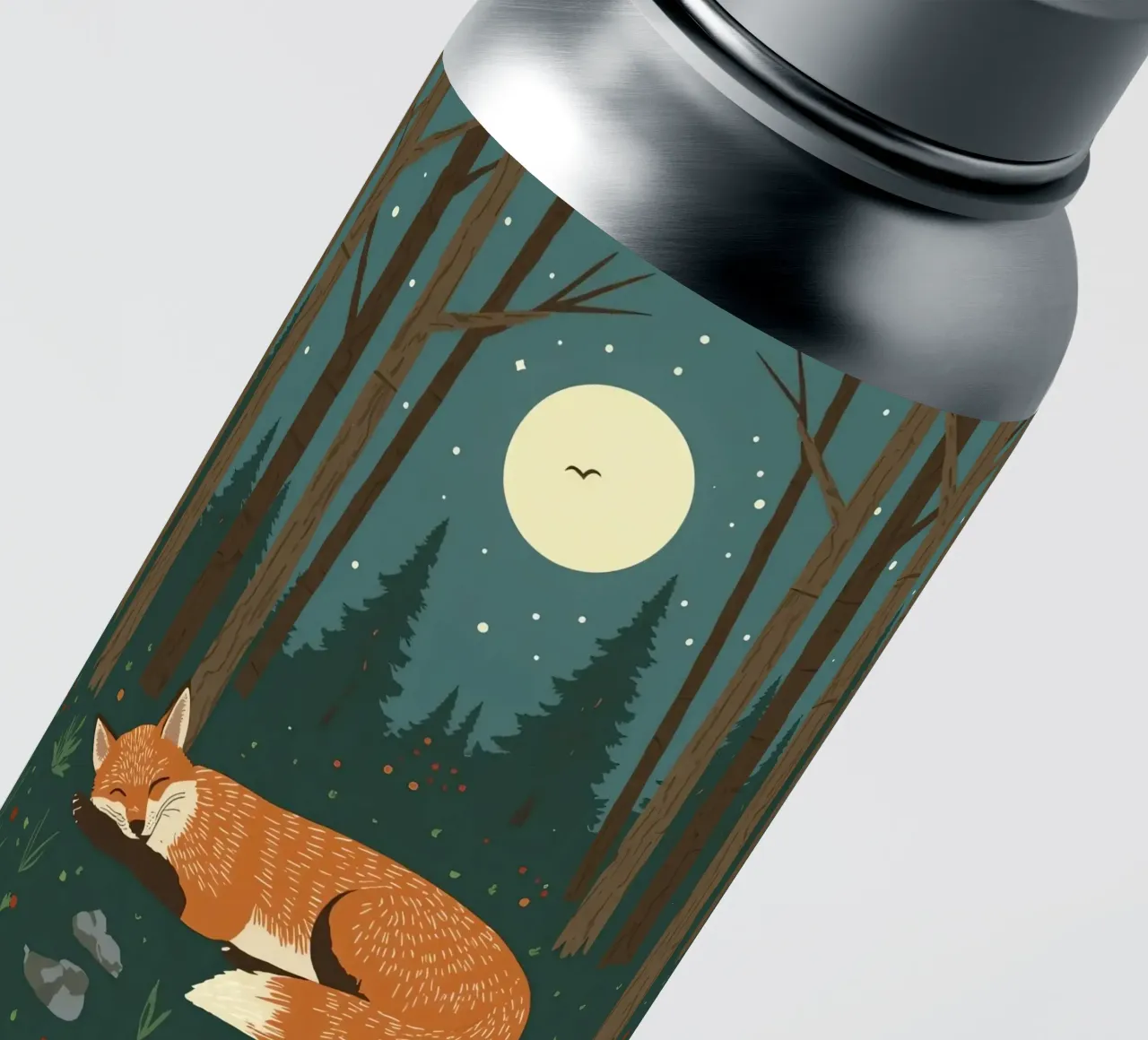 Fox is sleeping soundly under a large moon with bird flying sticker by DesignDoodle