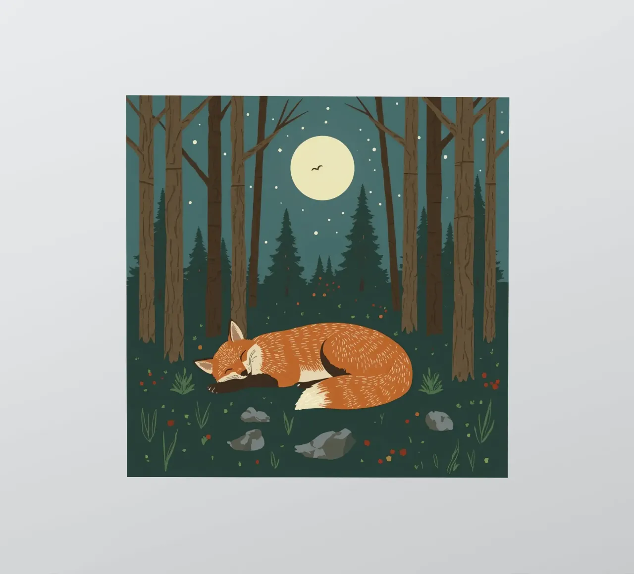 Fox is sleeping soundly under a large moon with bird flying sticker by DesignDoodle