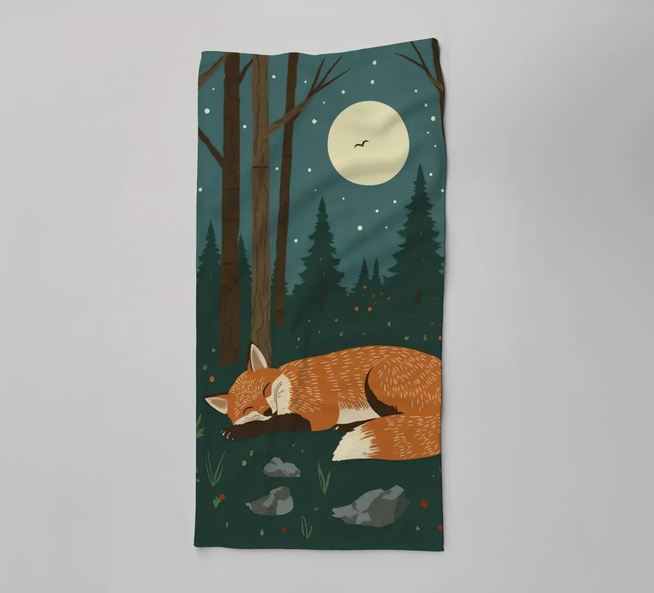 Fox is sleeping soundly under a large moon with bird flying towel by DesignDoodle
