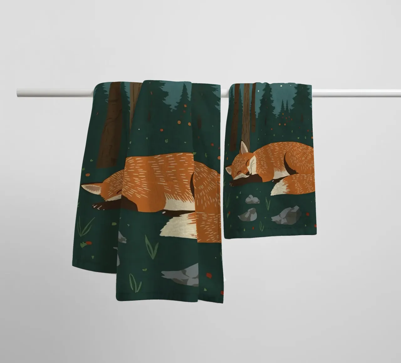 Fox is sleeping soundly under a large moon with bird flying towel by DesignDoodle