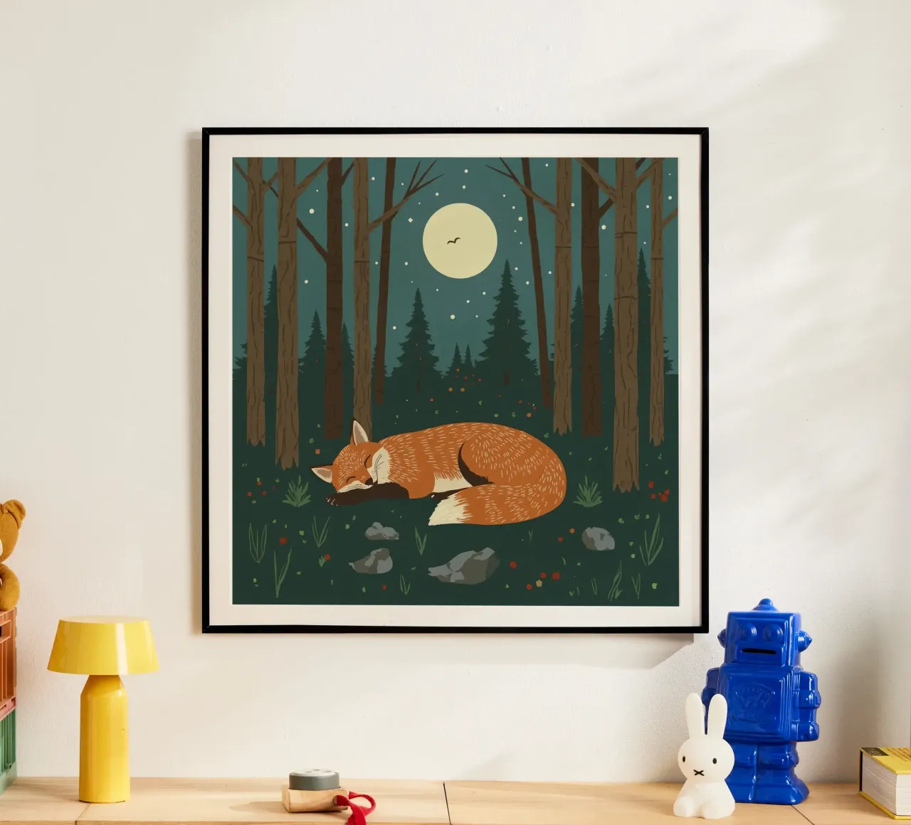 Volpe che dorme profondamente sotto una grande luna con uccello in volo carta hahnemühle da DesignDoodle