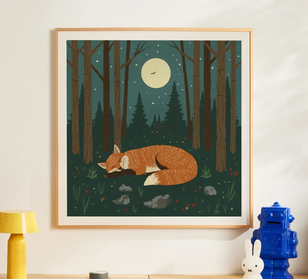 Volpe che dorme profondamente sotto una grande luna con uccello in volo carta hahnemühle da DesignDoodle