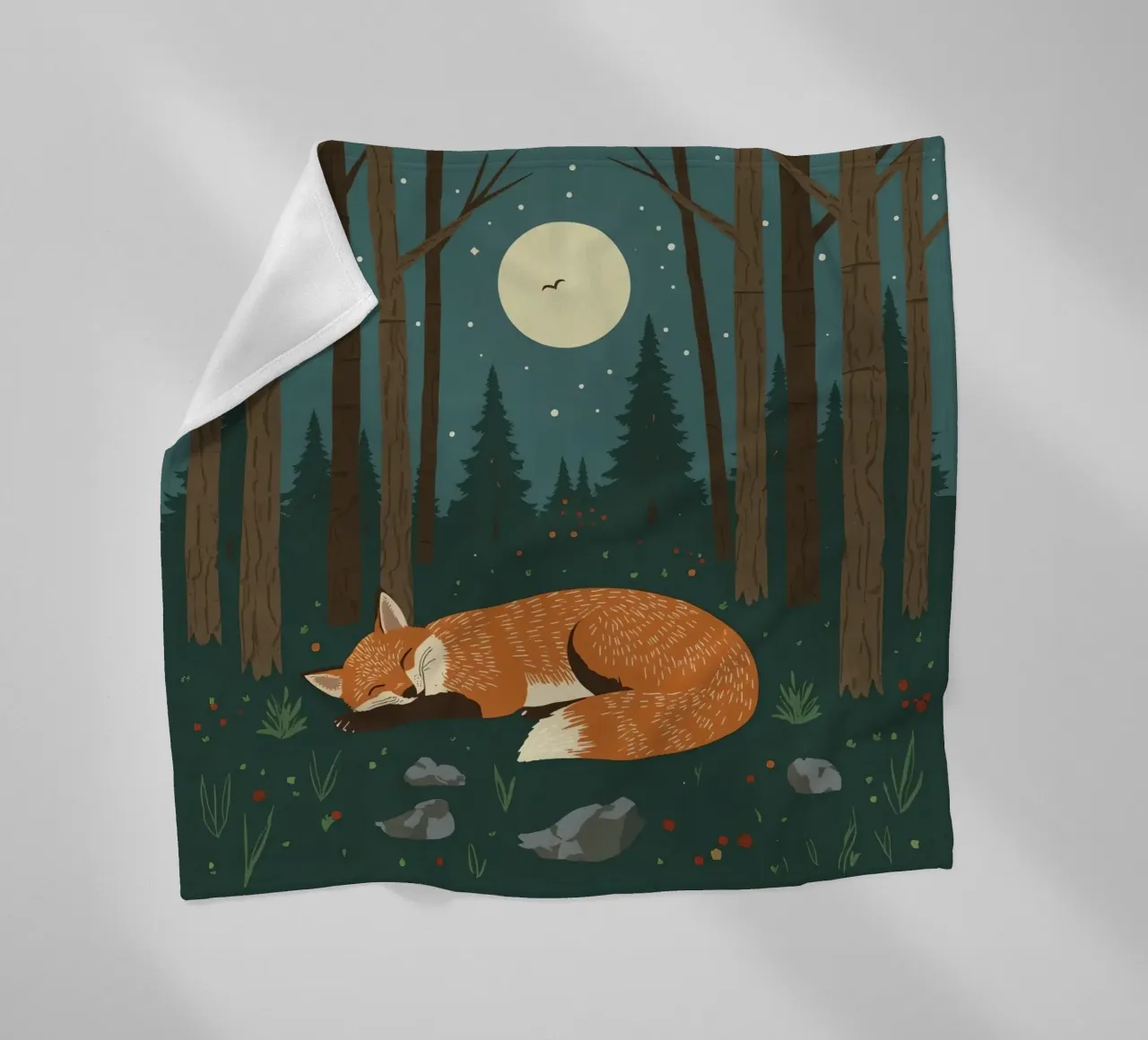 Volpe che dorme profondamente sotto una grande luna con uccello in volo coperta in pile da DesignDoodle