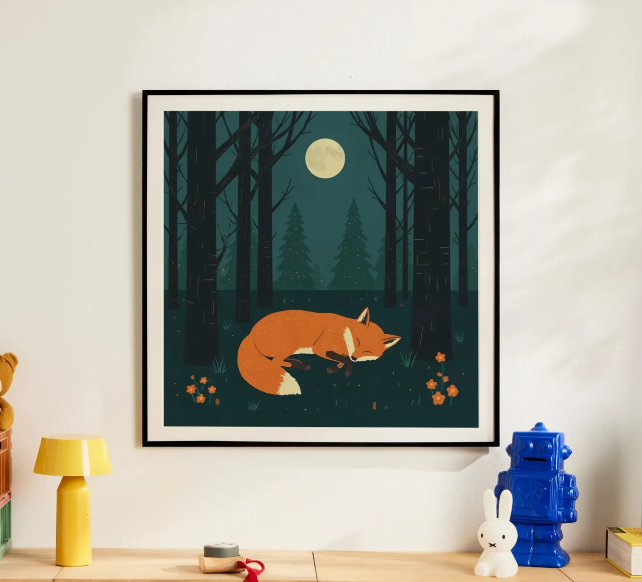 Orange fox sleeps beneath the light of a full moon poster by DesignDoodle