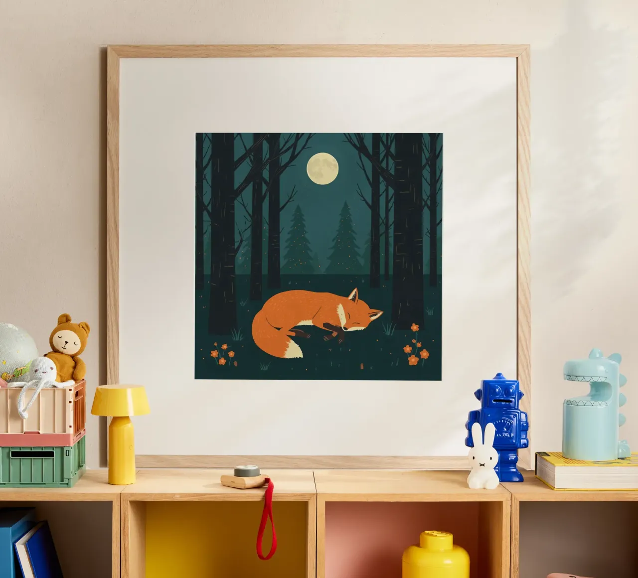 Orange fox sleeps beneath the light of a full moon poster by DesignDoodle