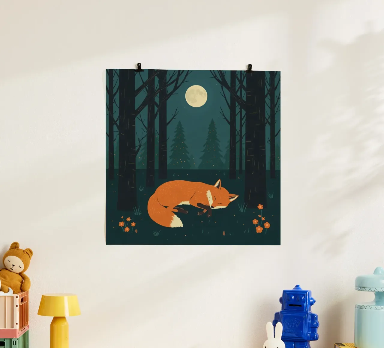 Orange fox sleeps beneath the light of a full moon poster by DesignDoodle
