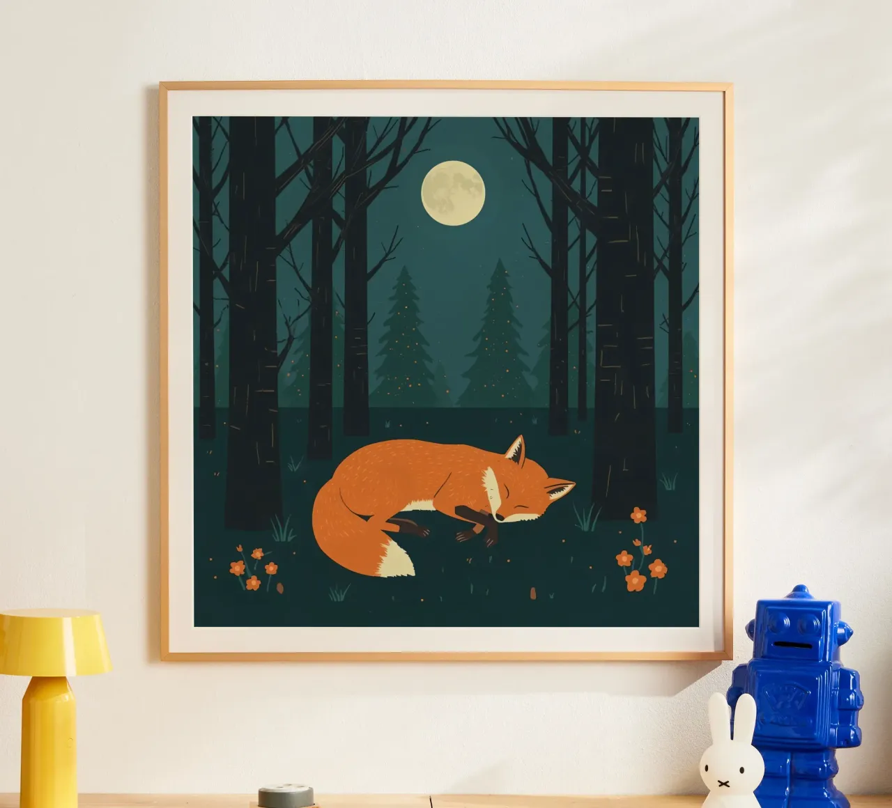 Orange fox sleeps beneath the light of a full moon poster by DesignDoodle
