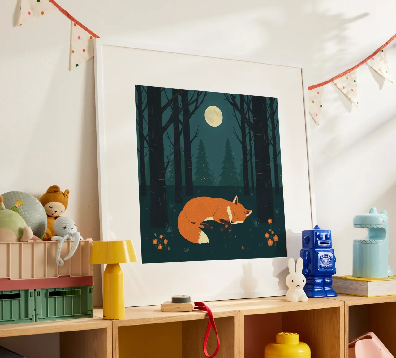 Orange fox sleeps beneath the light of a full moon poster by DesignDoodle