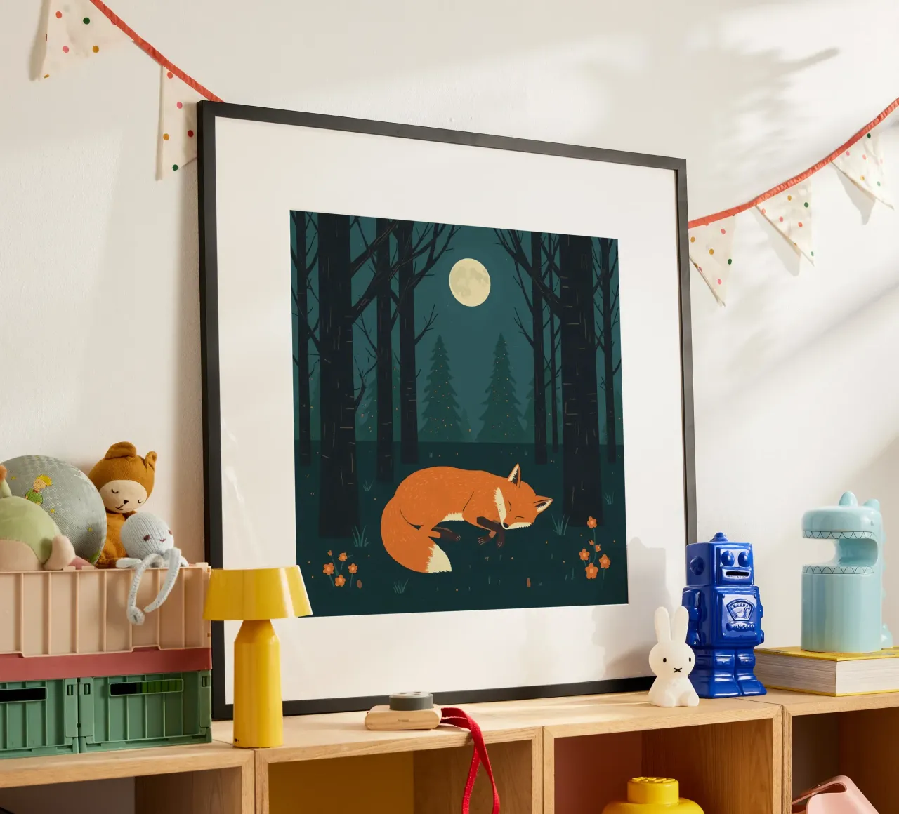 Orange fox sleeps beneath the light of a full moon poster by DesignDoodle
