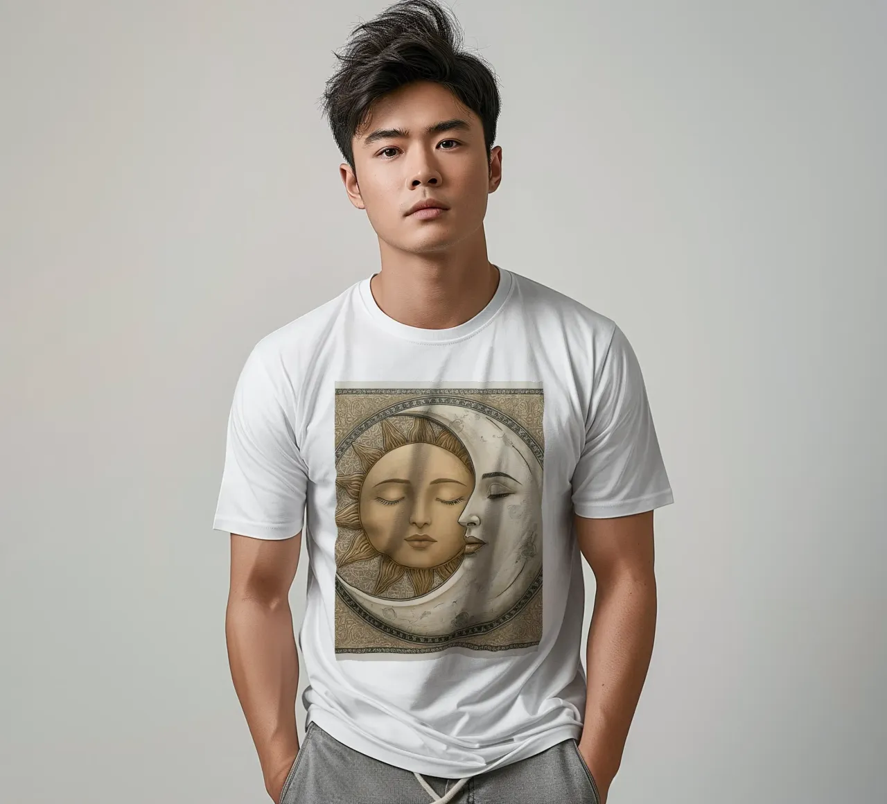 Raffigurazione del sole e della luna con occhi chiusi e volto intrecciato t-shirt da DesignDoodle