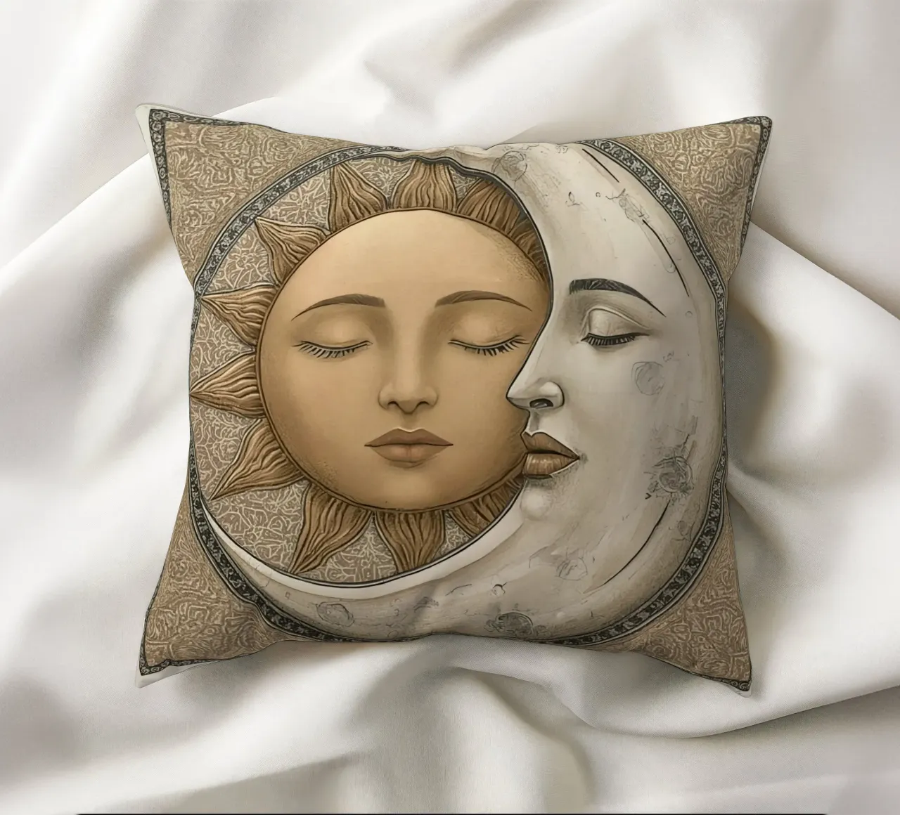Raffigurazione del sole e della luna con occhi chiusi e volto intrecciato cuscino da DesignDoodle