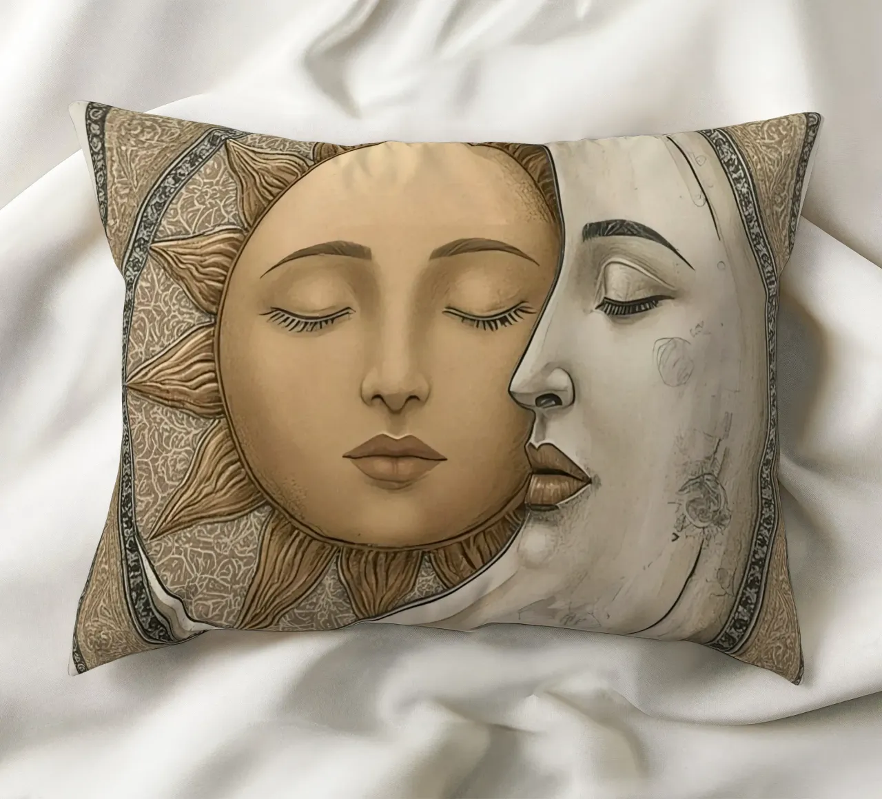 Raffigurazione del sole e della luna con occhi chiusi e volto intrecciato cuscino da DesignDoodle