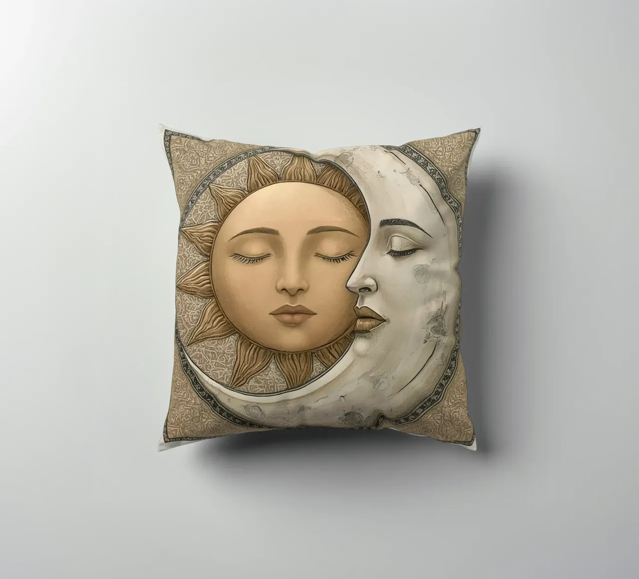 Raffigurazione del sole e della luna con occhi chiusi e volto intrecciato cuscino da DesignDoodle
