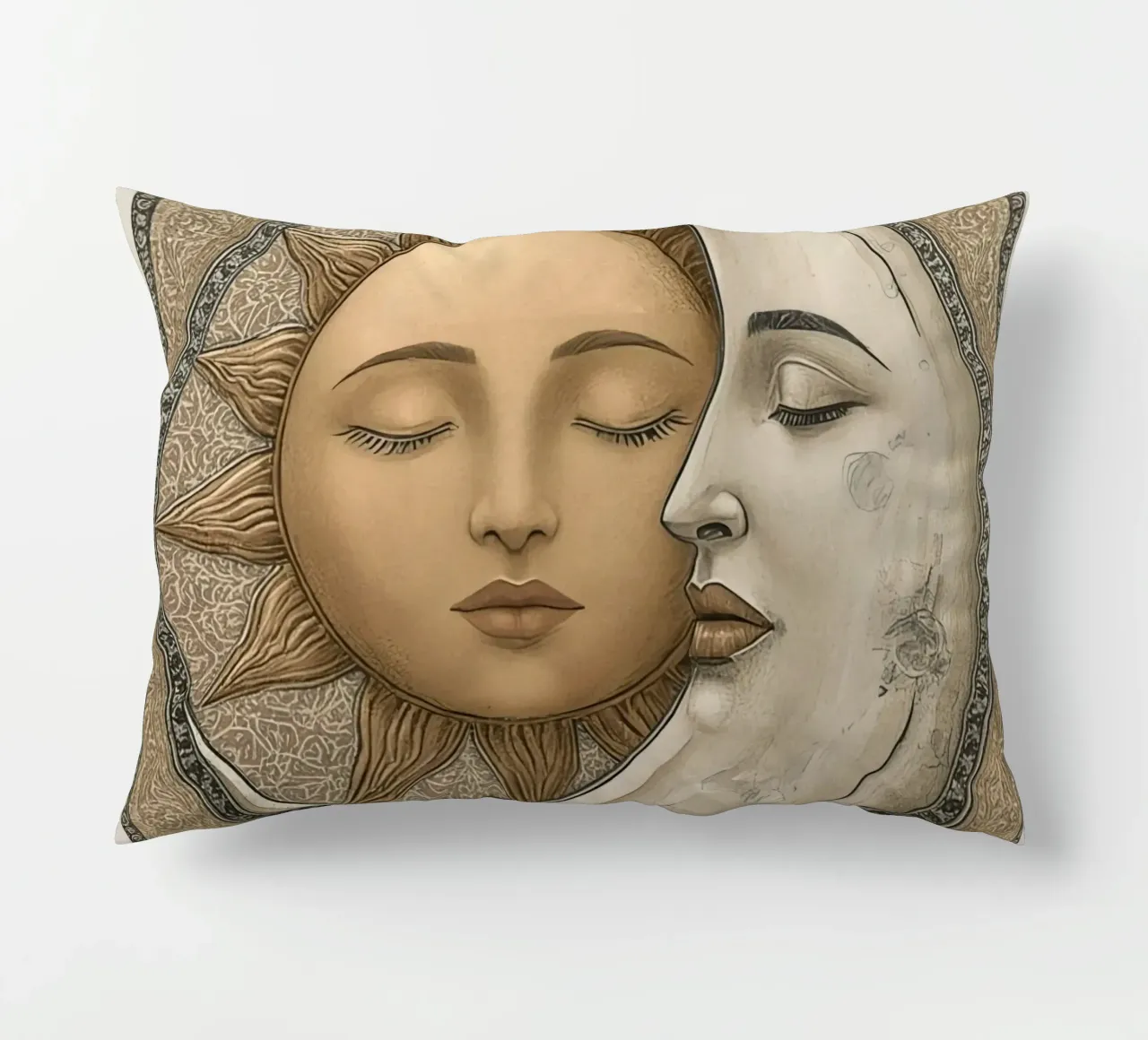 Raffigurazione del sole e della luna con occhi chiusi e volto intrecciato cuscino da DesignDoodle