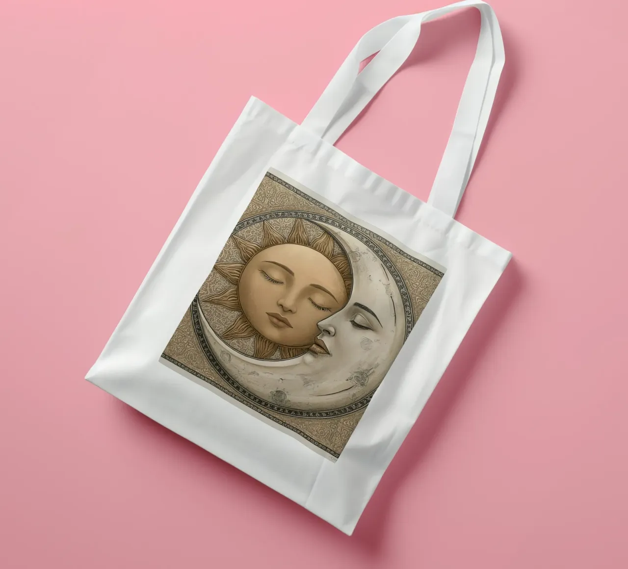 Raffigurazione del sole e della luna con occhi chiusi e volto intrecciato borsa in juta da DesignDoodle