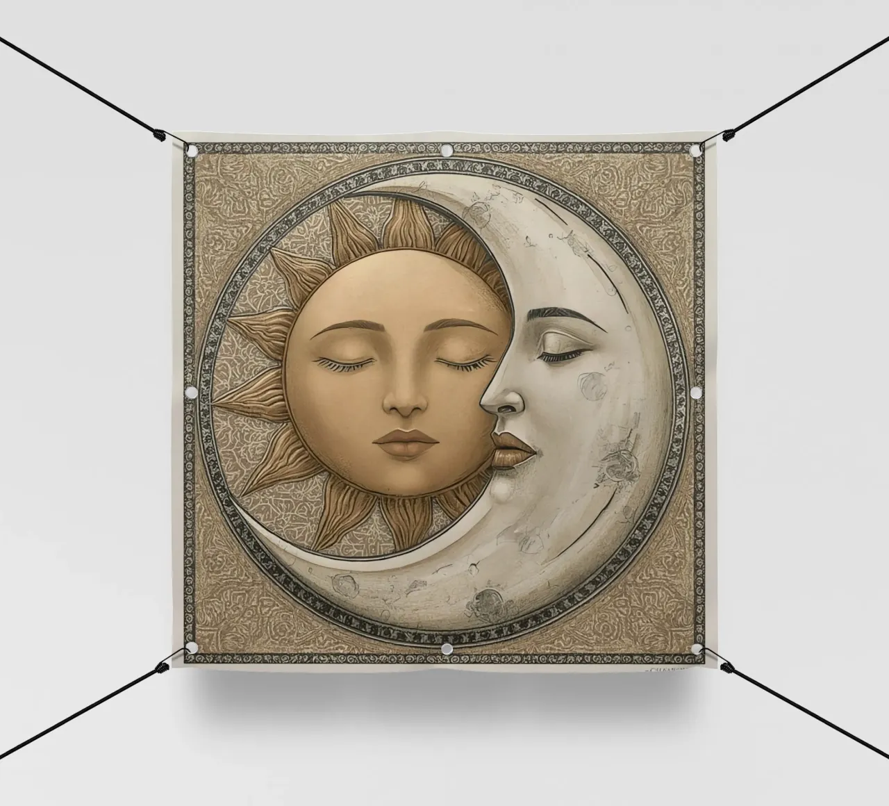 Raffigurazione del sole e della luna con occhi chiusi e volto intrecciato telo in pvc da DesignDoodle