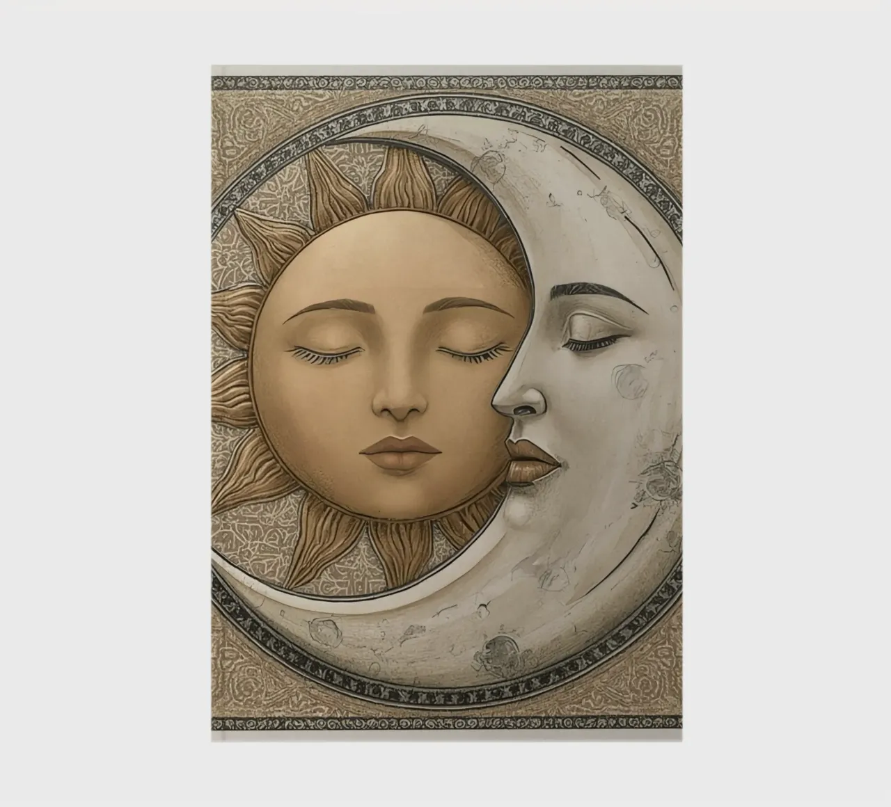Sun and moon depiction with closed eyes and intertwined face notebook by DesignDoodle