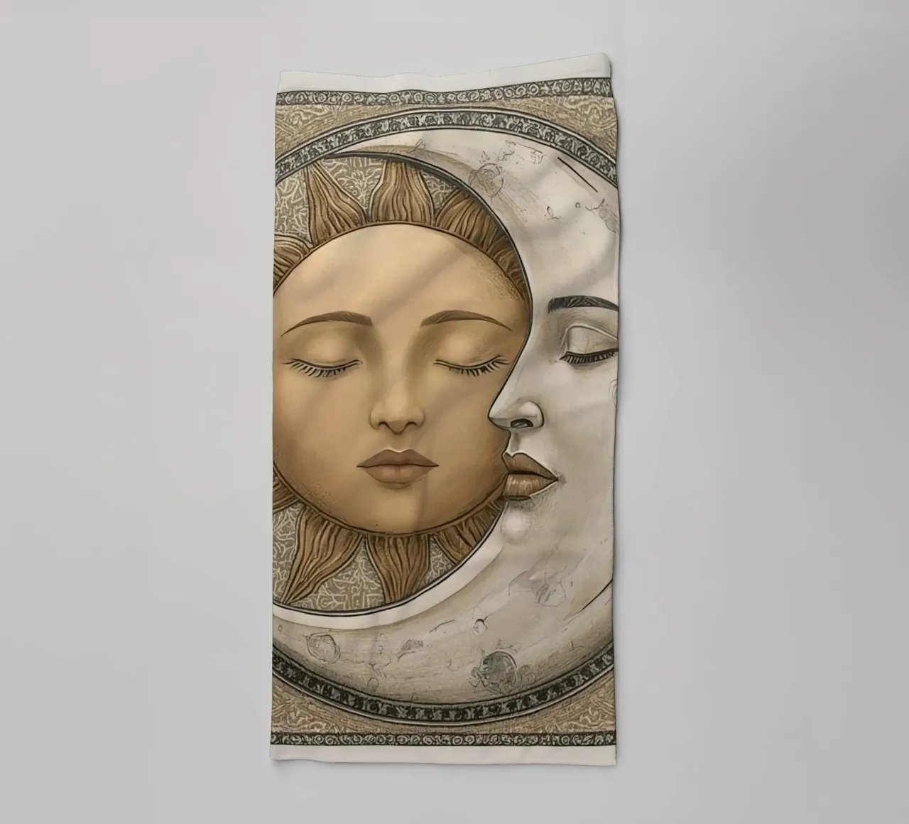 Sun and moon depiction with closed eyes and intertwined face towel by DesignDoodle
