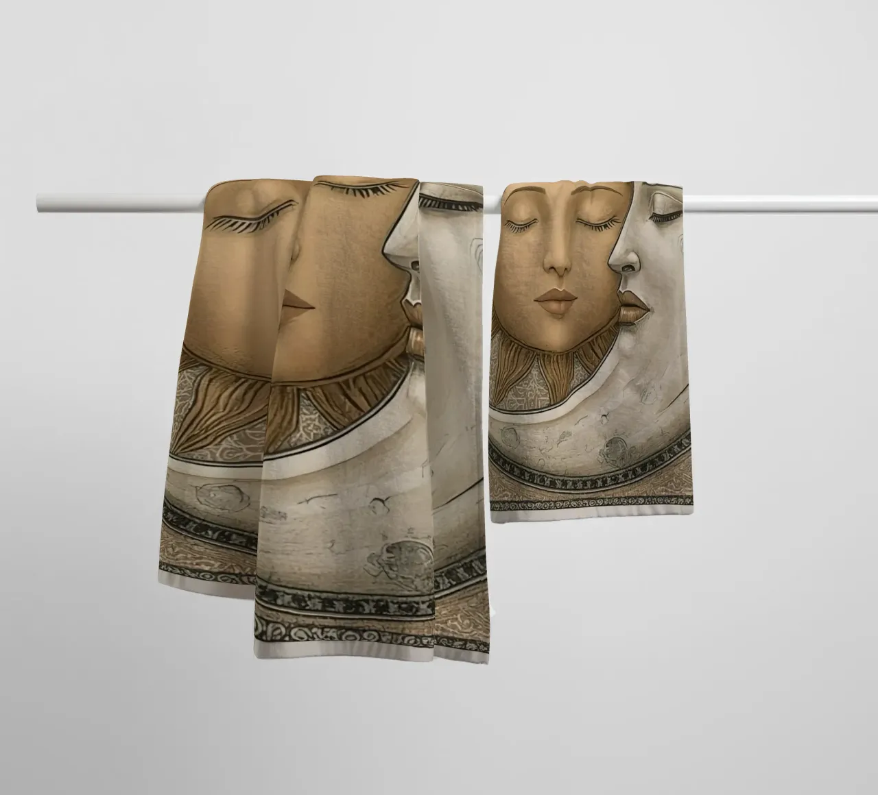 Sun and moon depiction with closed eyes and intertwined face towel by DesignDoodle
