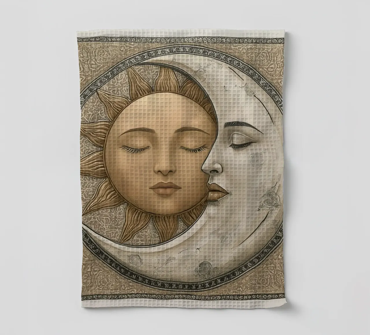 Raffigurazione del sole e della luna con occhi chiusi e volto intrecciato canovaccio da cucina da DesignDoodle