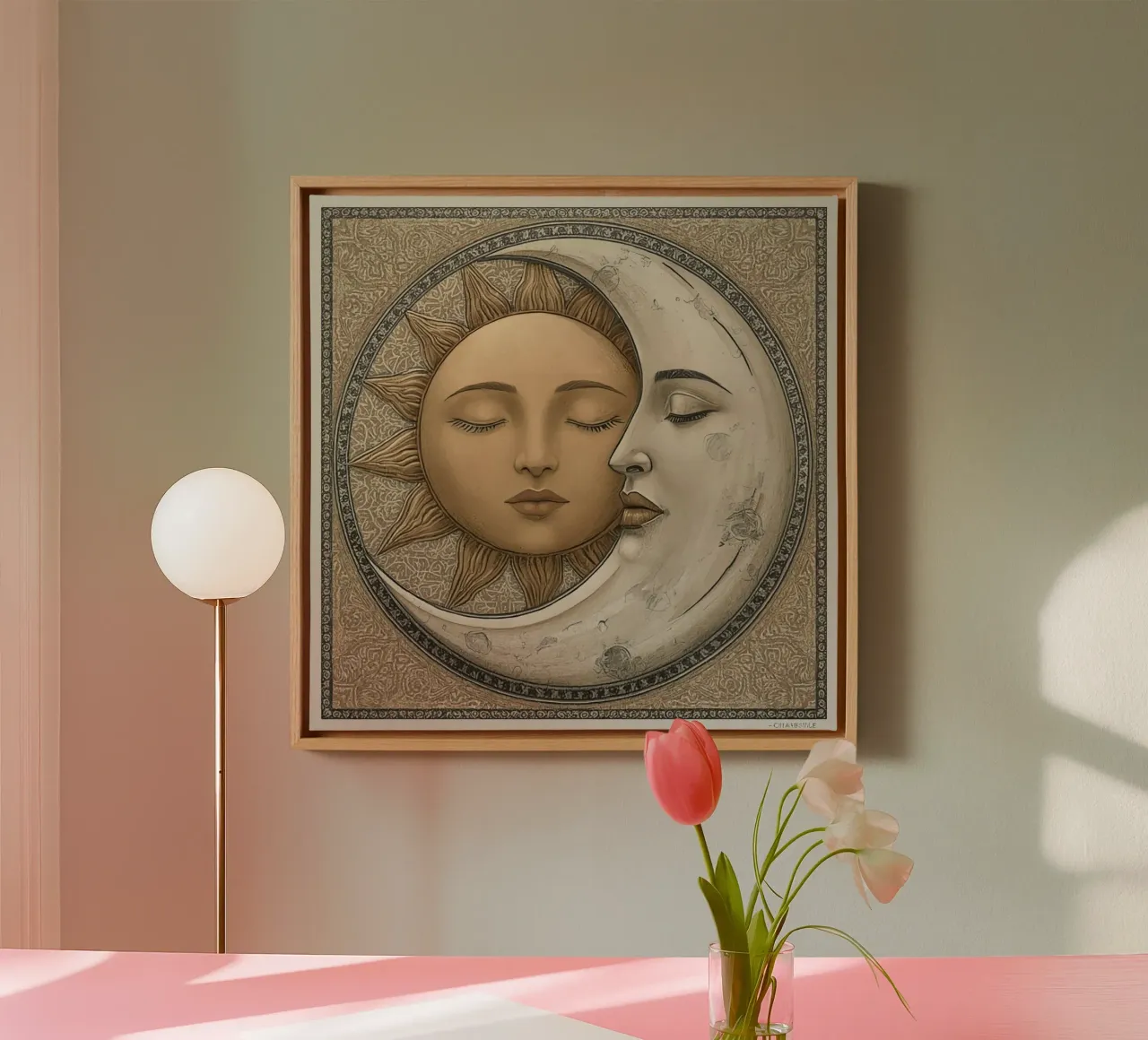 Sun and moon depiction with closed eyes and intertwined face canvas by DesignDoodle
