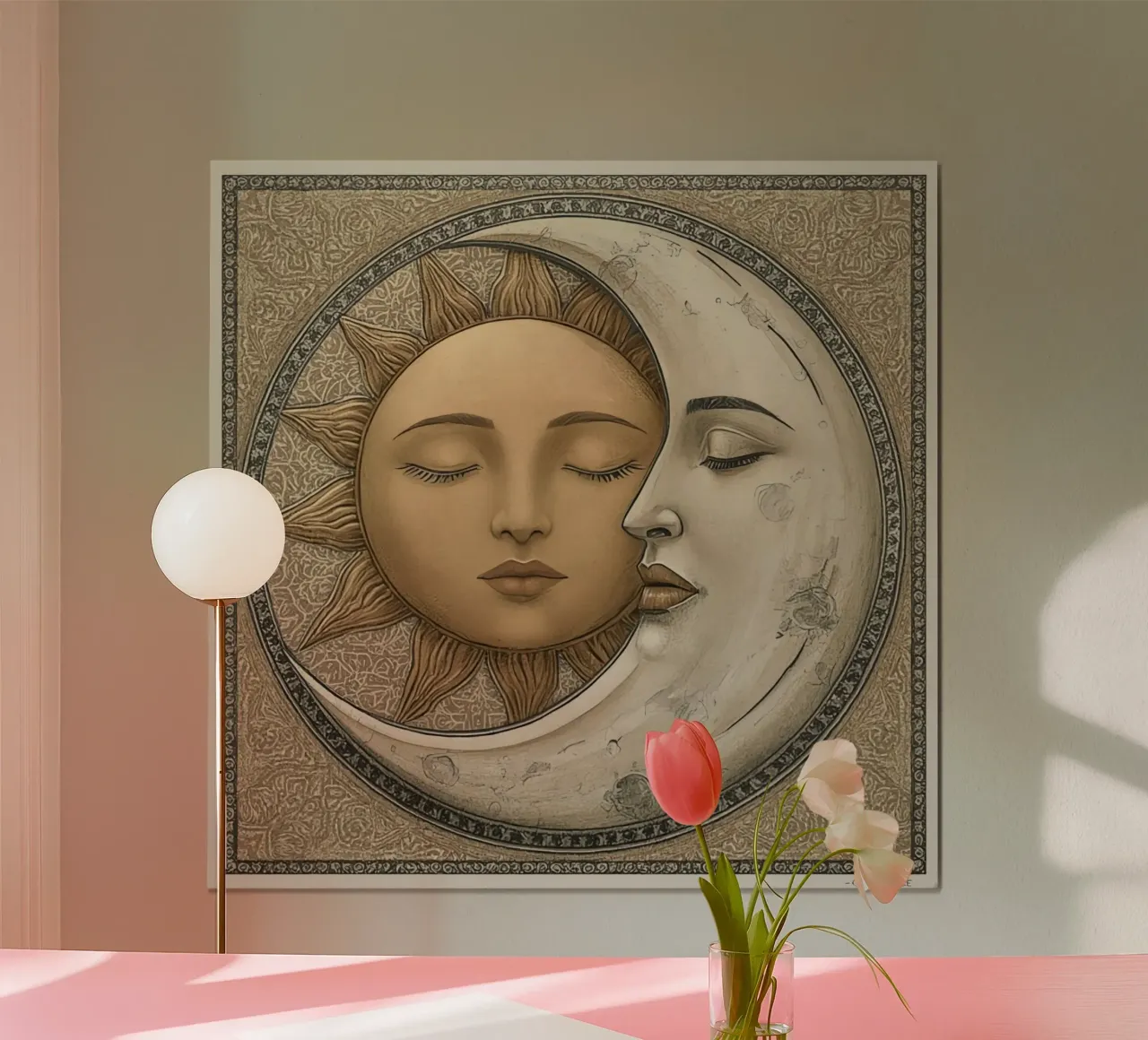 Sun and moon depiction with closed eyes and intertwined face hahnemühle by DesignDoodle