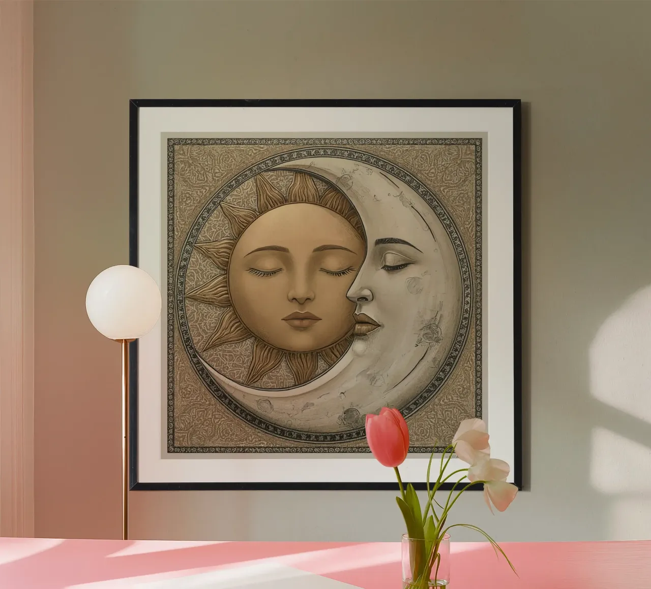 Sun and moon depiction with closed eyes and intertwined face hahnemühle by DesignDoodle