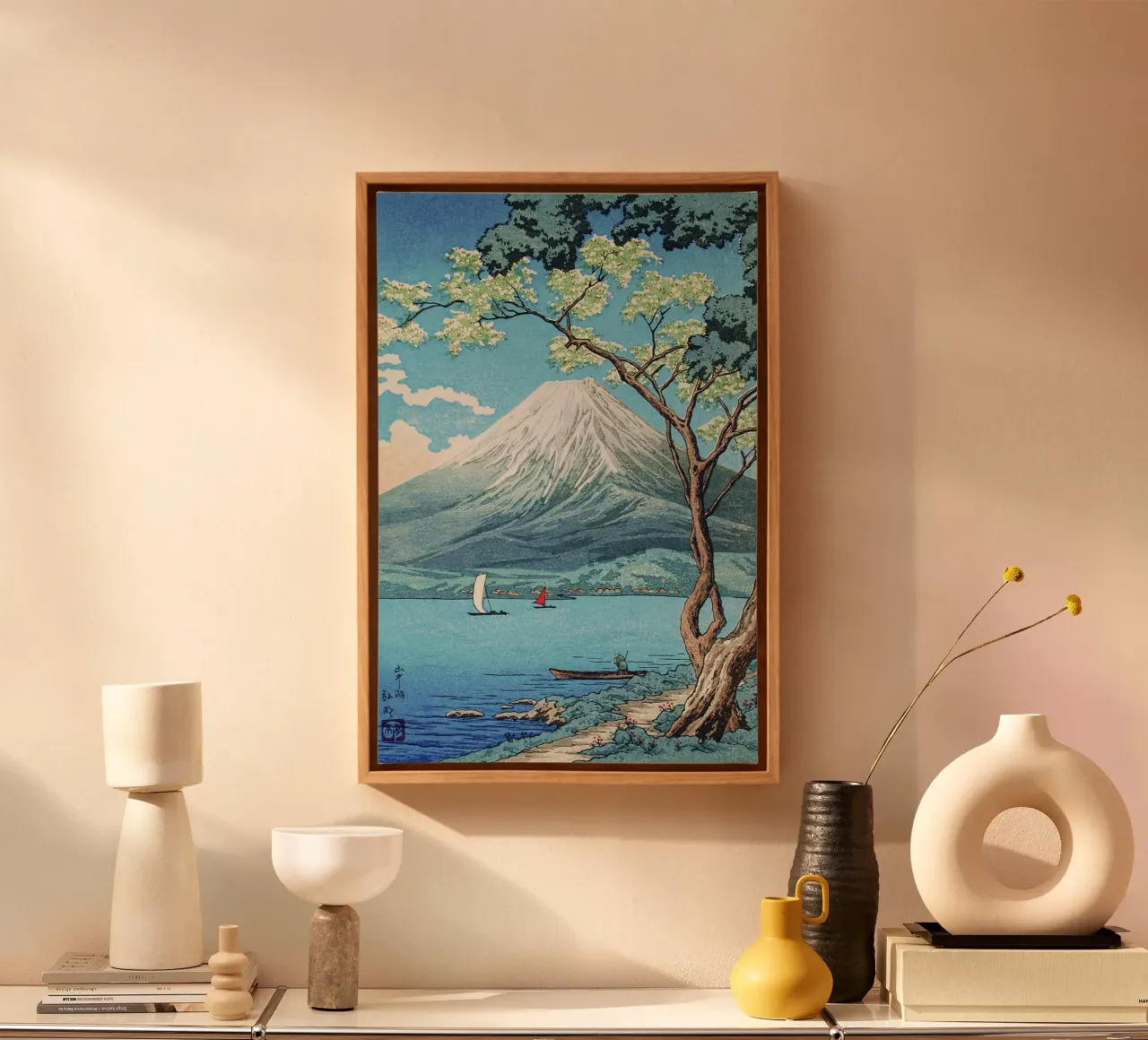 Hiroaki Takahashi's berg Fuji vanaf het Yamanaka-meer canvas met Baklijst van Classic Art Prints