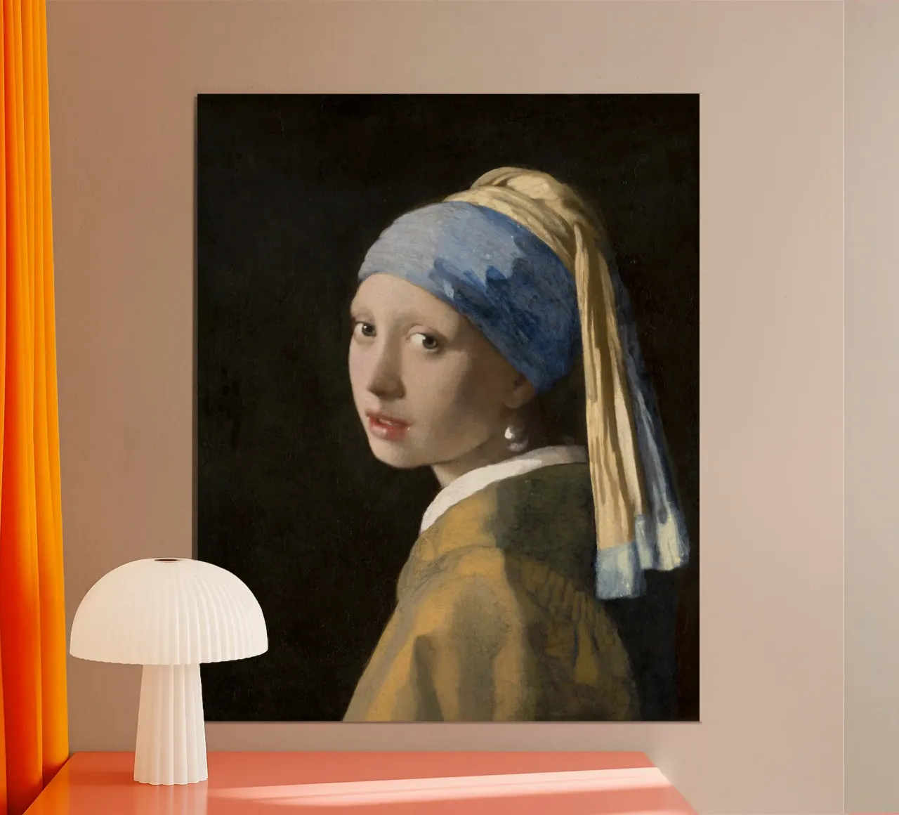 La Ragazza con l'orecchino di perla di Johannes Vermeer poster con telaio in alluminio da Art History