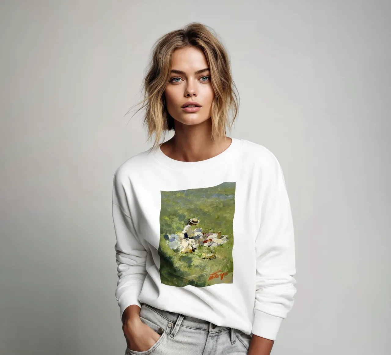 donna seduta sull'erba verde felpa da SMG Store