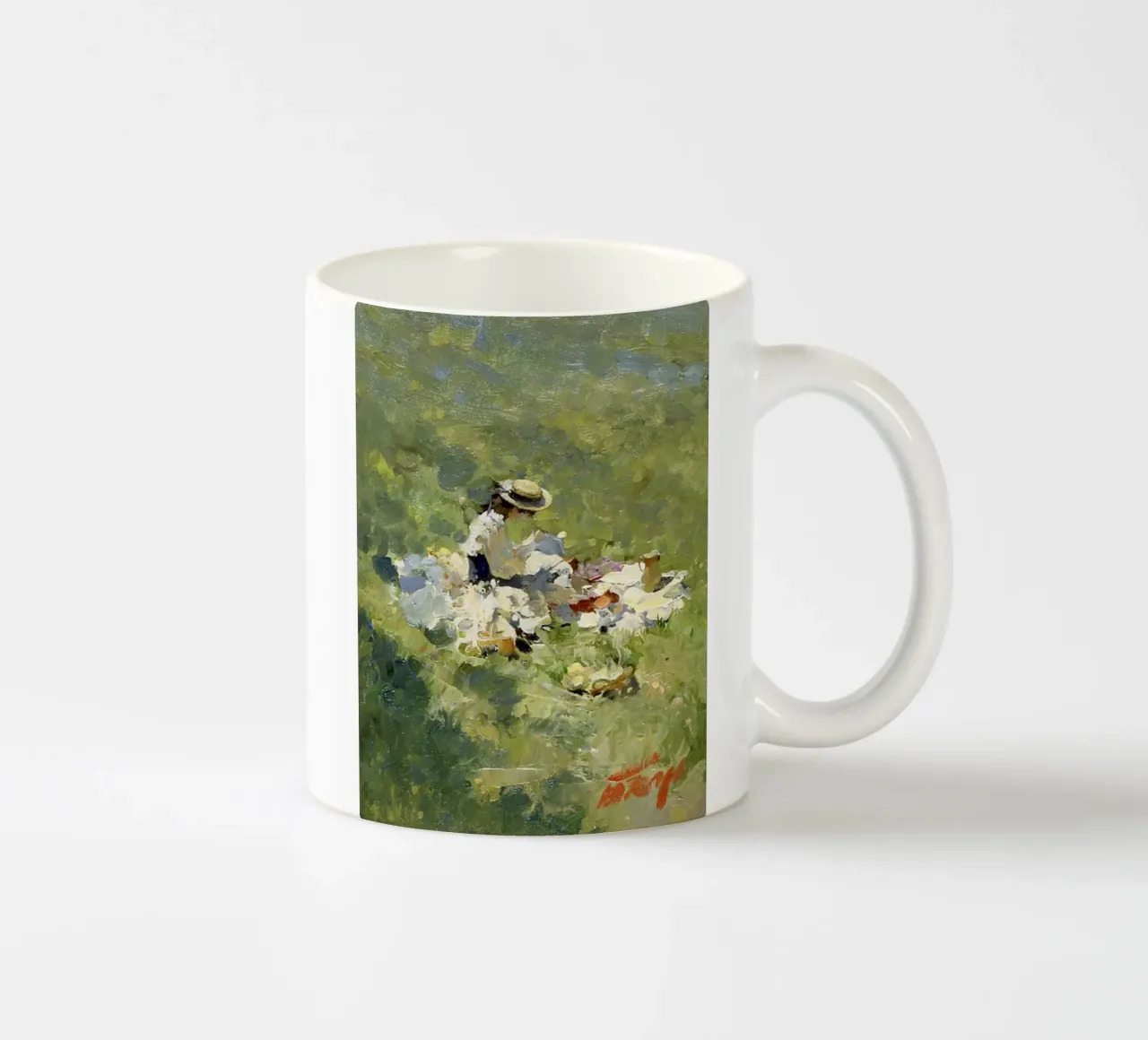 donna seduta sull'erba verde tazza in ceramica da SMG Store