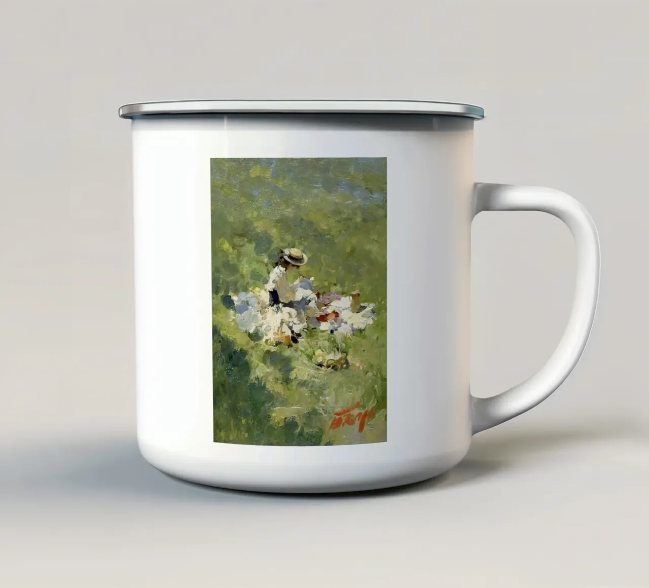 donna seduta sull'erba verde tazza in smalto da SMG Store