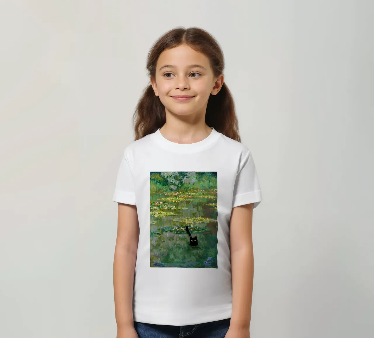 chat noir dans un étang de lotus t-shirt enfant de SMG Store