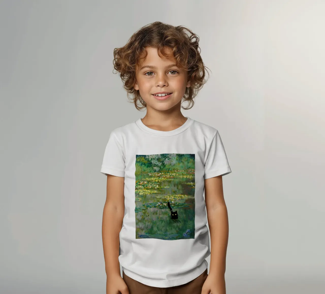 chat noir dans un étang de lotus t-shirt enfant de SMG Store
