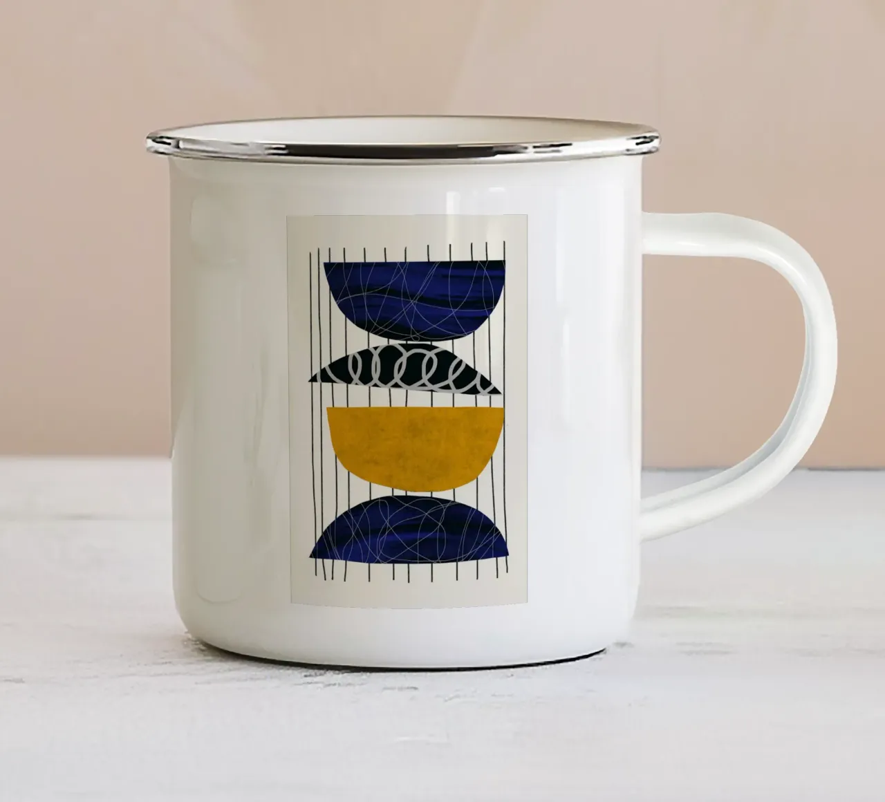Luxe blauw en grijs nordic art 08 emaille mok van Little Dean
