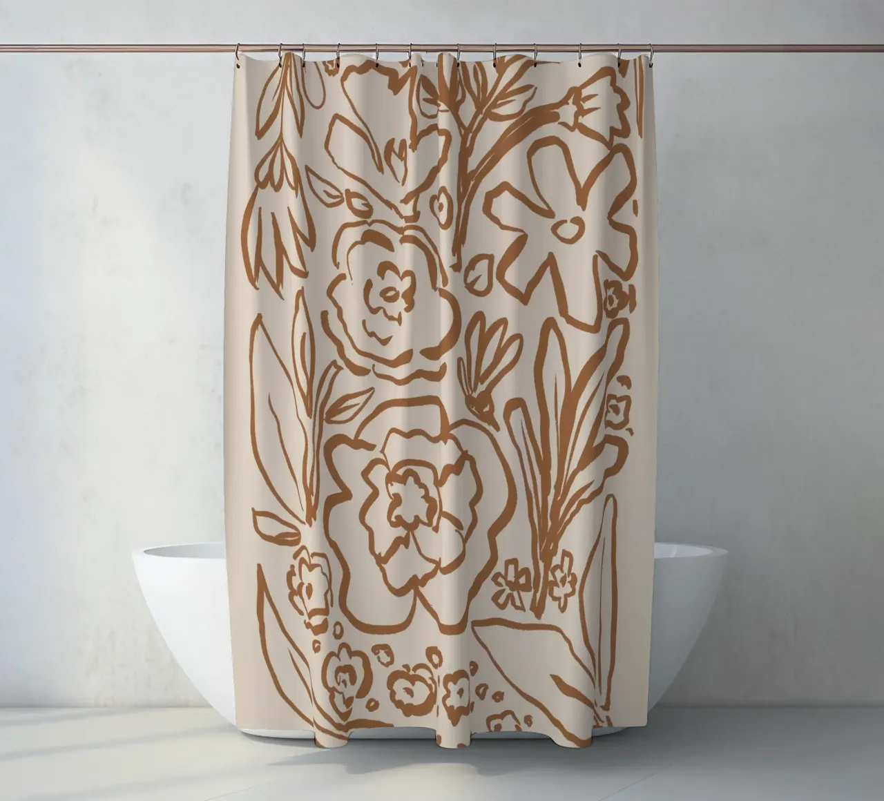 Abstracte bruine botanische lijnkunst op beige douchegordijn van Melloi Art Print