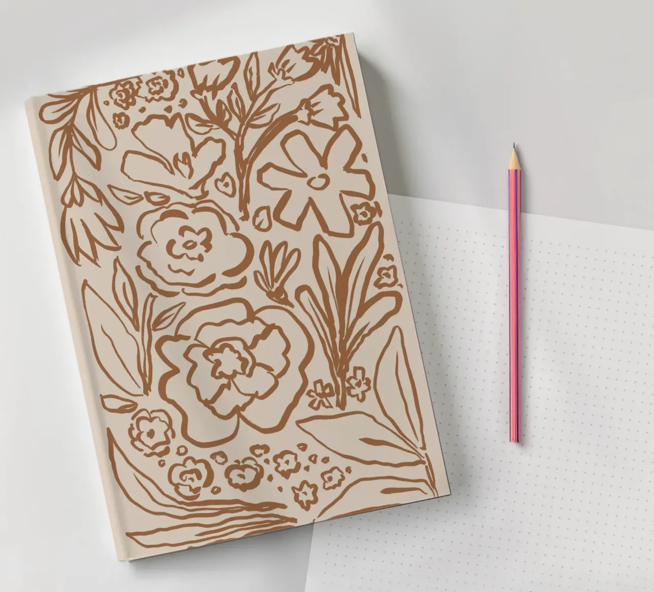 Abstract Brown Botanical Line Art on Beige notebook by Melloi Art Print